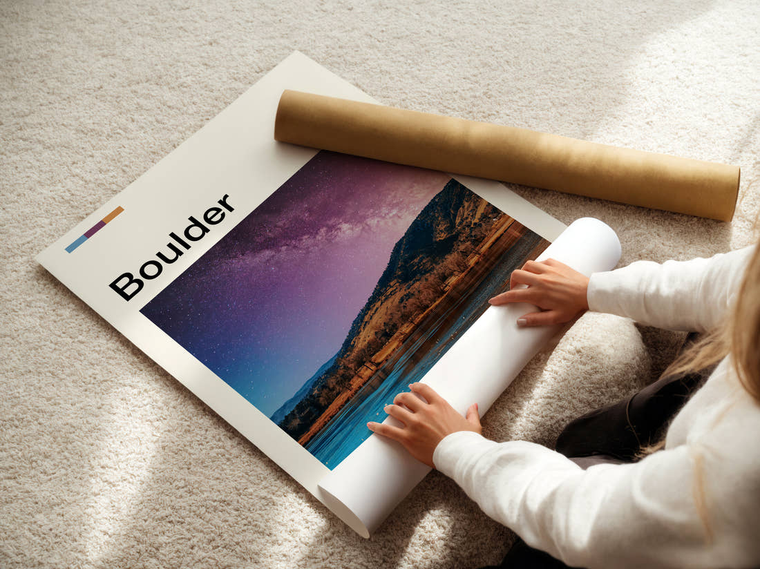 Boulder Starry Sky Over Lake Travel Print being unrolled from its postal tube