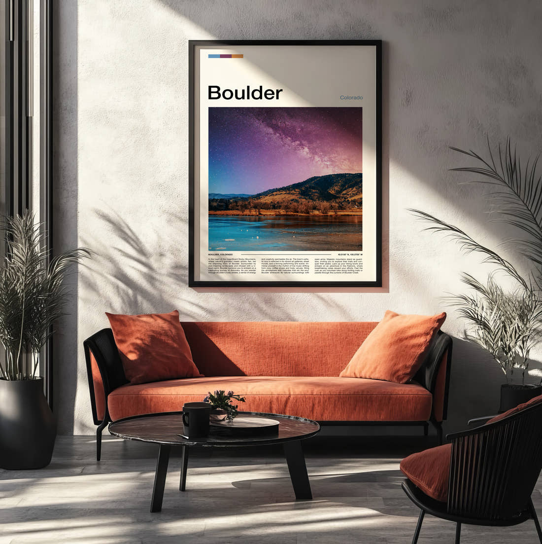 Boulder Starry Sky Over Lake Travel Print framed on the wall of a modern living room