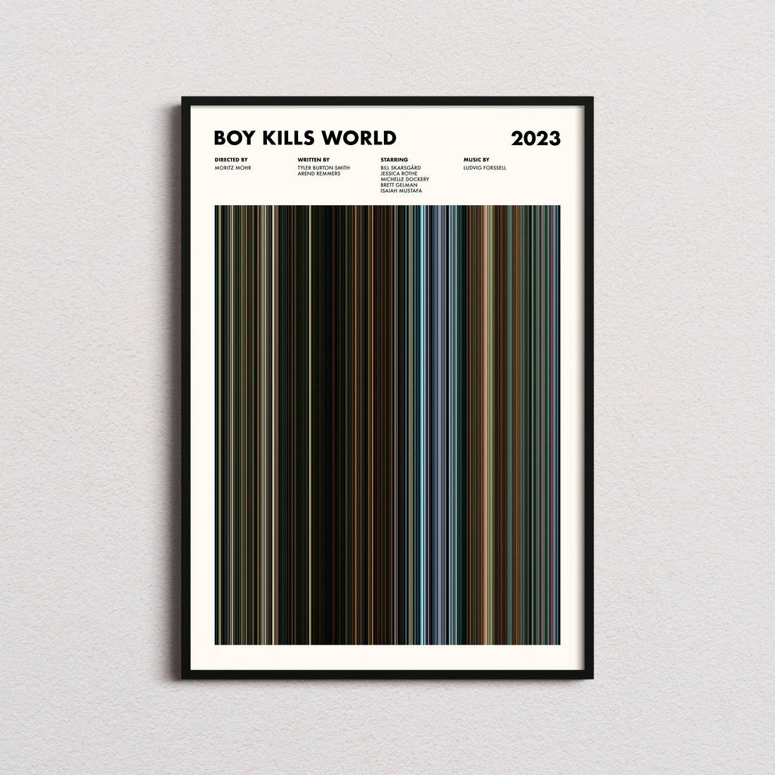 Boy Kills World Movie Barcode Poster framed on a plain studio wall