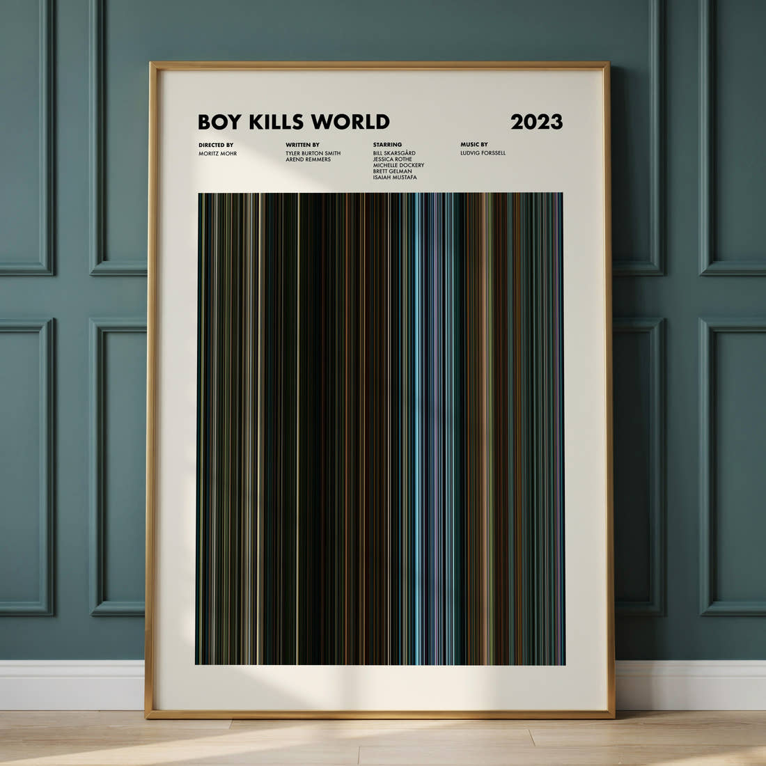 Boy Kills World Movie Barcode Poster framed and leaning against a panelled wall