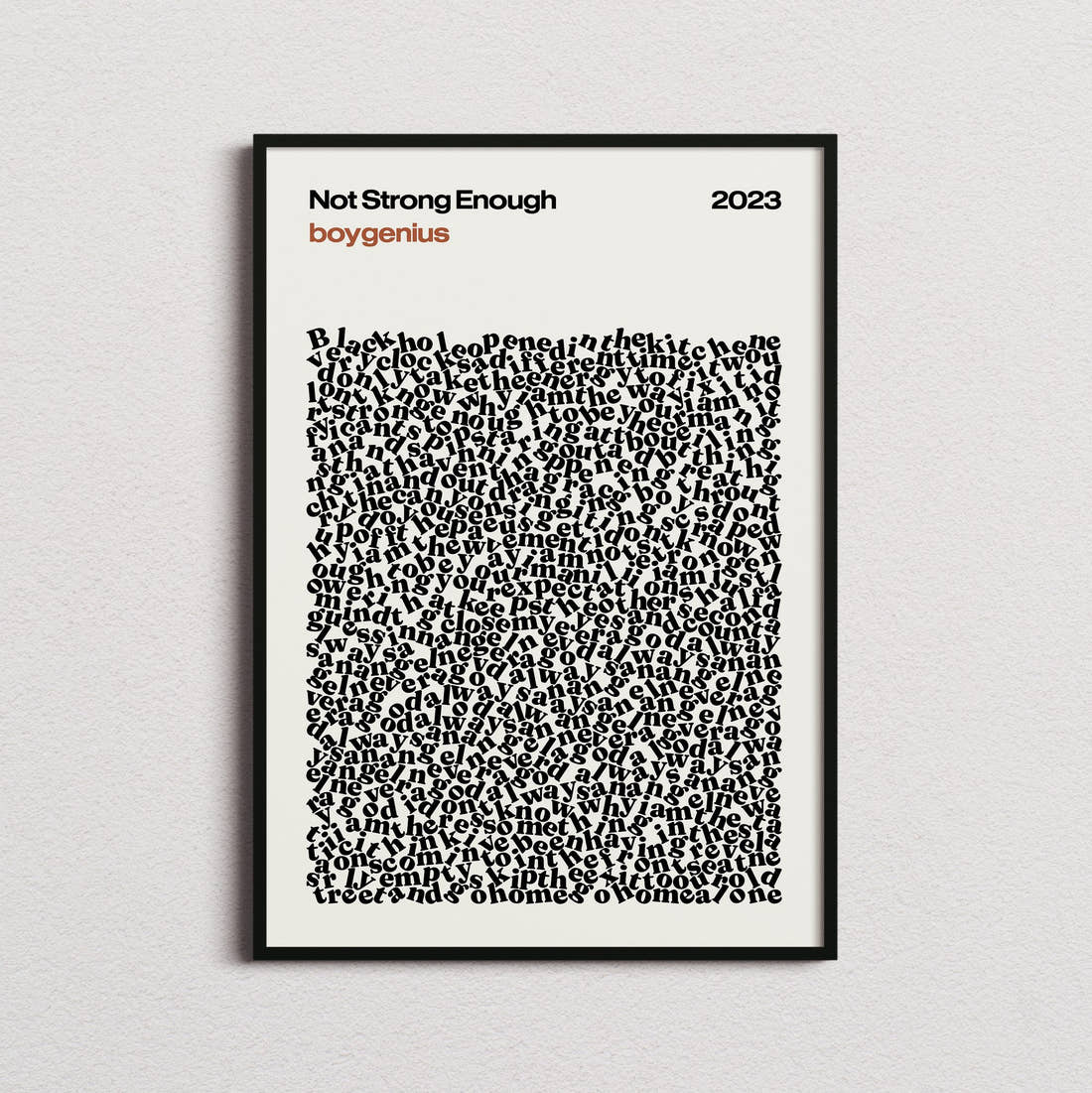 boygenius Not Strong Enough Lyric Print in the cream colourway, framed