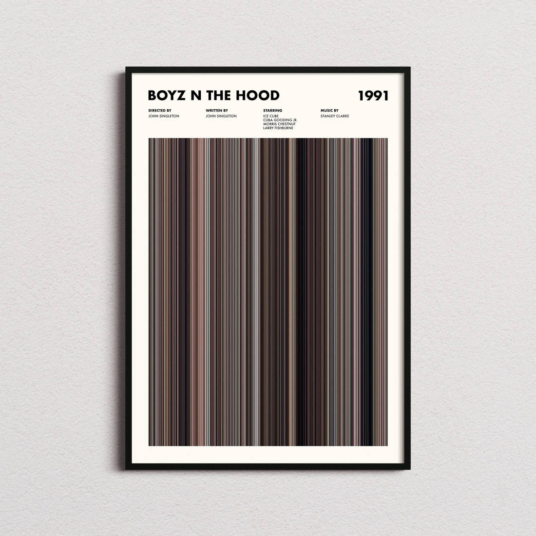 Boyz n the Hood Movie Barcode Poster framed on a plain studio wall