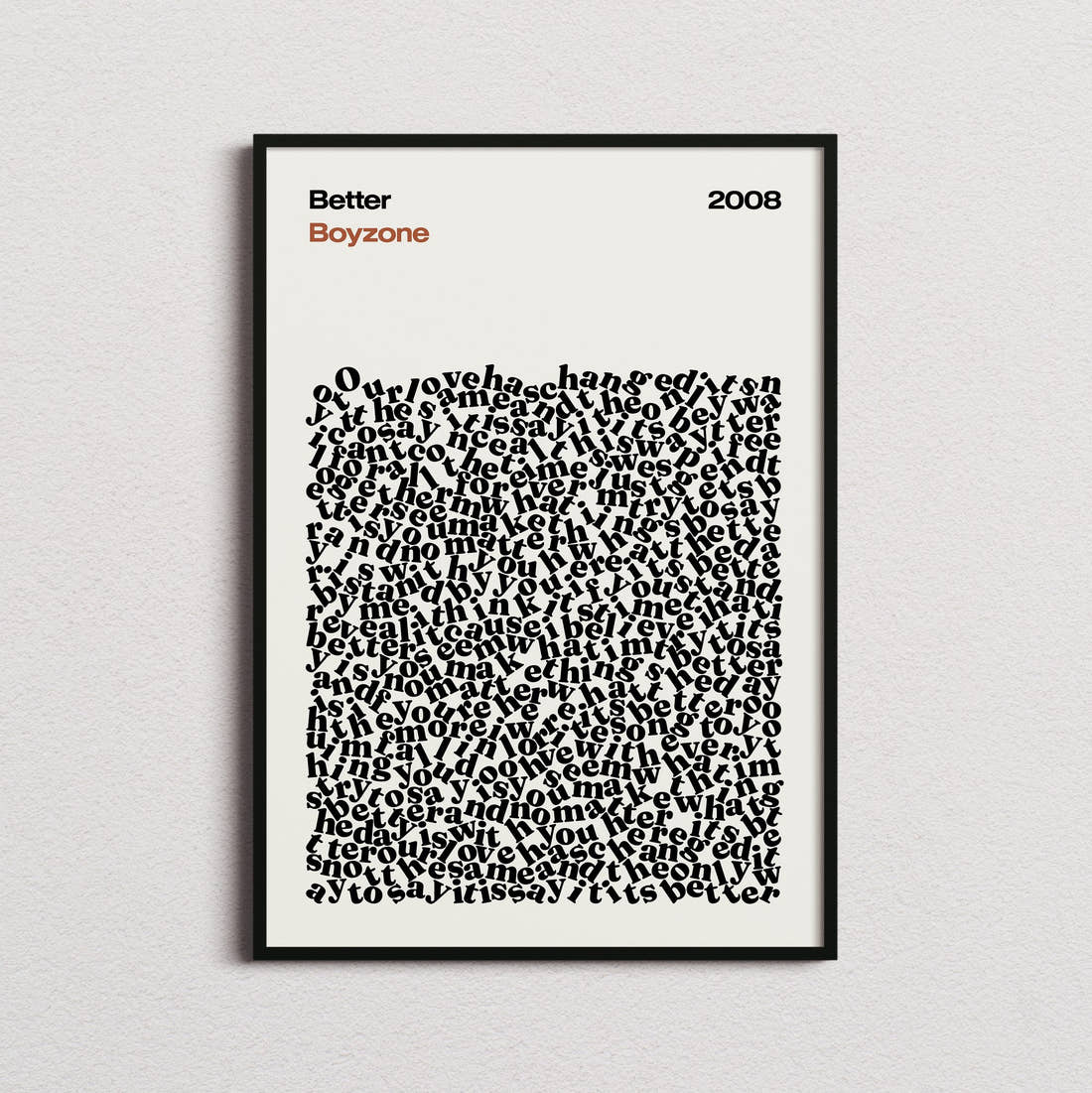 Boyzone Better Lyric Print in the cream colourway, framed