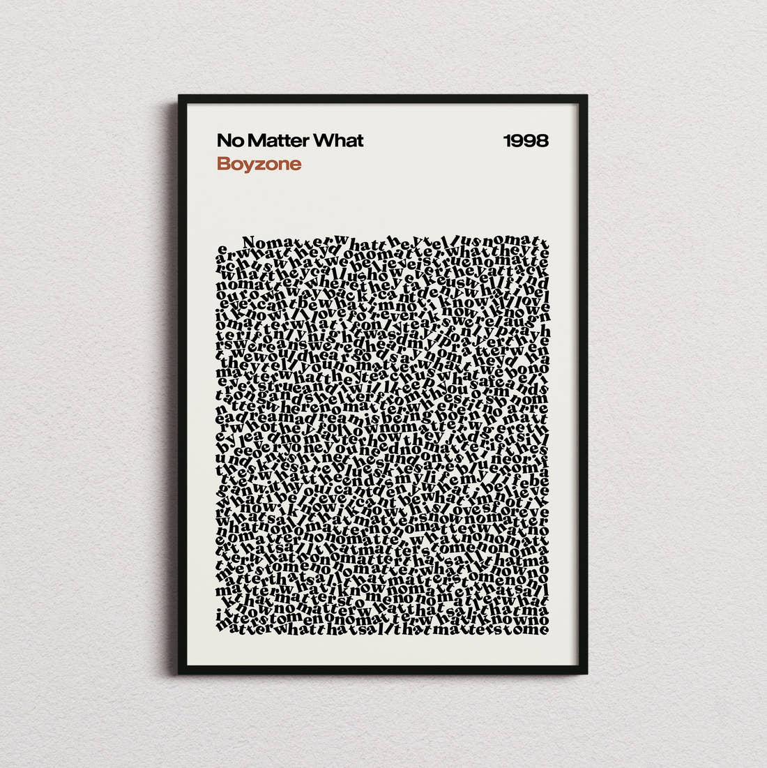 Boyzone No Matter What Lyric Print in the cream colourway, framed