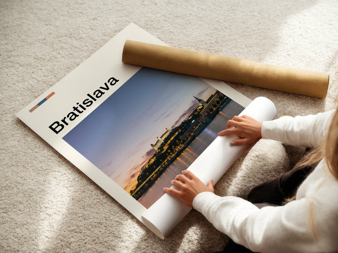 Bratislava Hilltop Castle Travel Print being unrolled from its postal tube