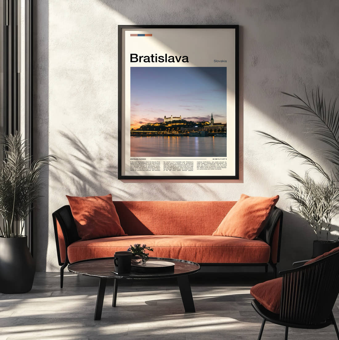 Bratislava Hilltop Castle Travel Print framed on the wall of a modern living room