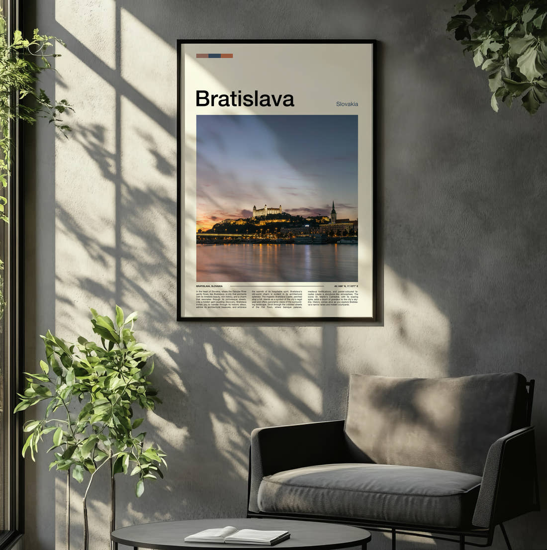 Bratislava Hilltop Castle Travel Print framed on the wall of a relaxed living room