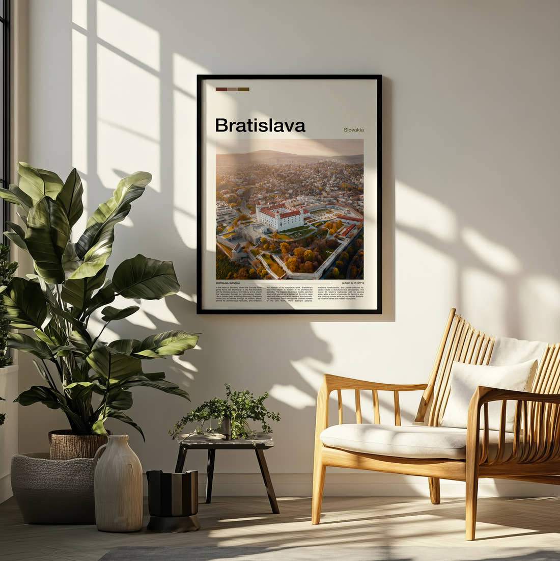 Bratislava Castle And Autumn Trees Travel Print framed on a pale wall beside houseplants