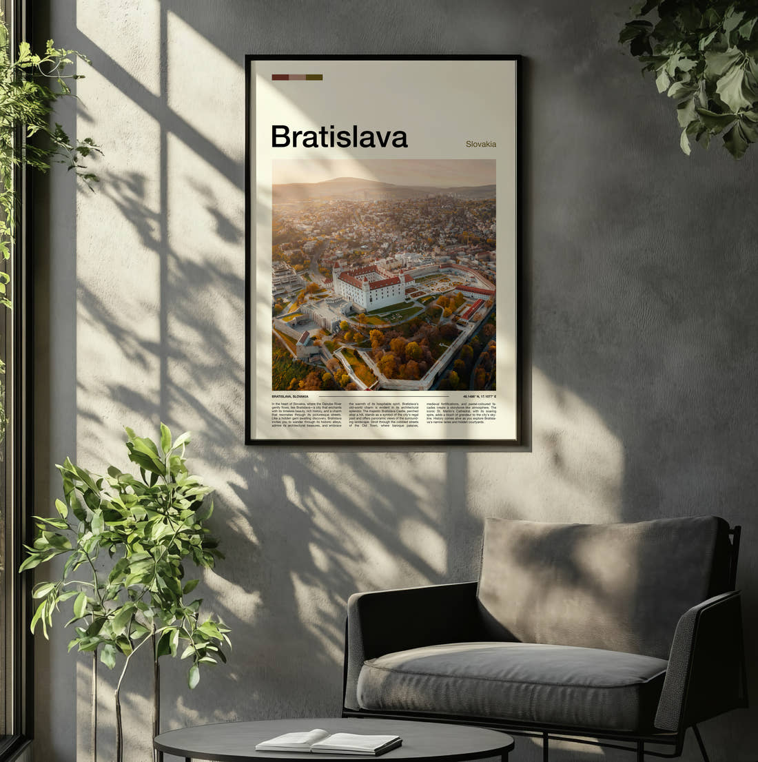 Bratislava Castle And Autumn Trees Travel Print framed on the wall of a relaxed living room