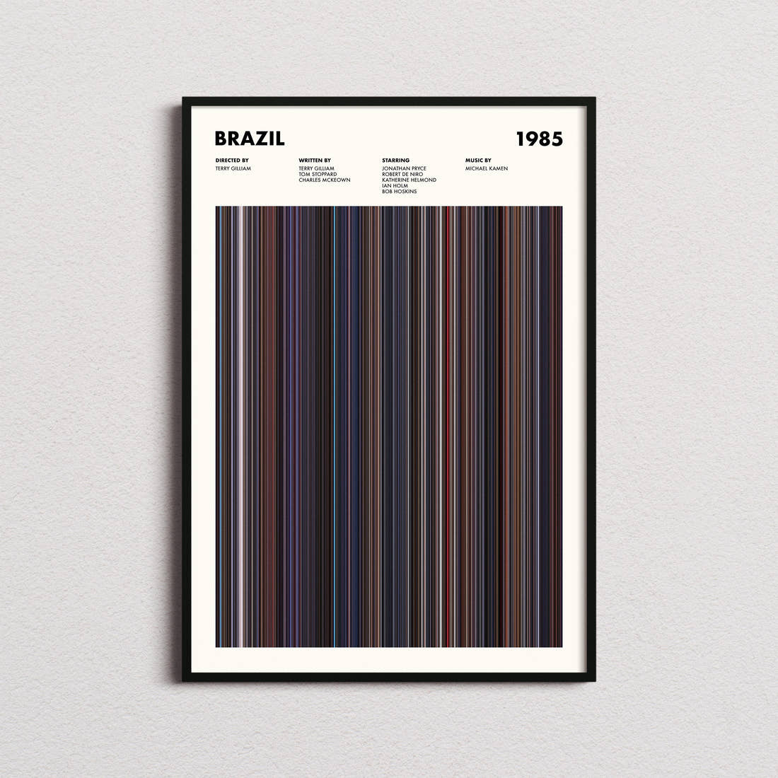 Brazil Movie Barcode Poster framed on a plain studio wall
