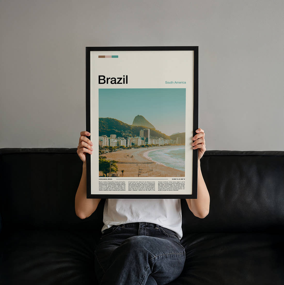 Brazil Copacabana Beach Travel Print held up by hand to show the size of the print