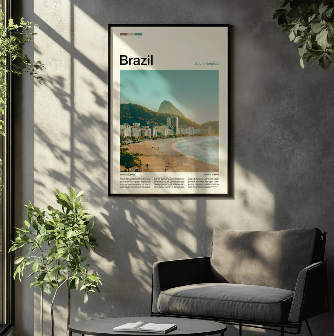 Brazil Copacabana Beach Travel Print framed on the wall of a relaxed living room