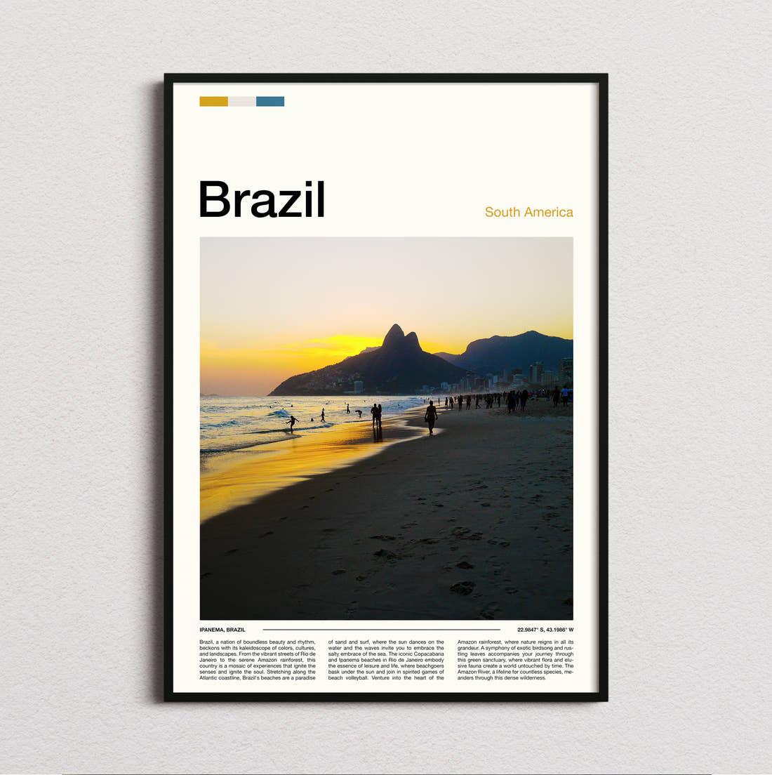 Brazil Ipanema Beach At Sunset Travel Print framed and photographed straight on