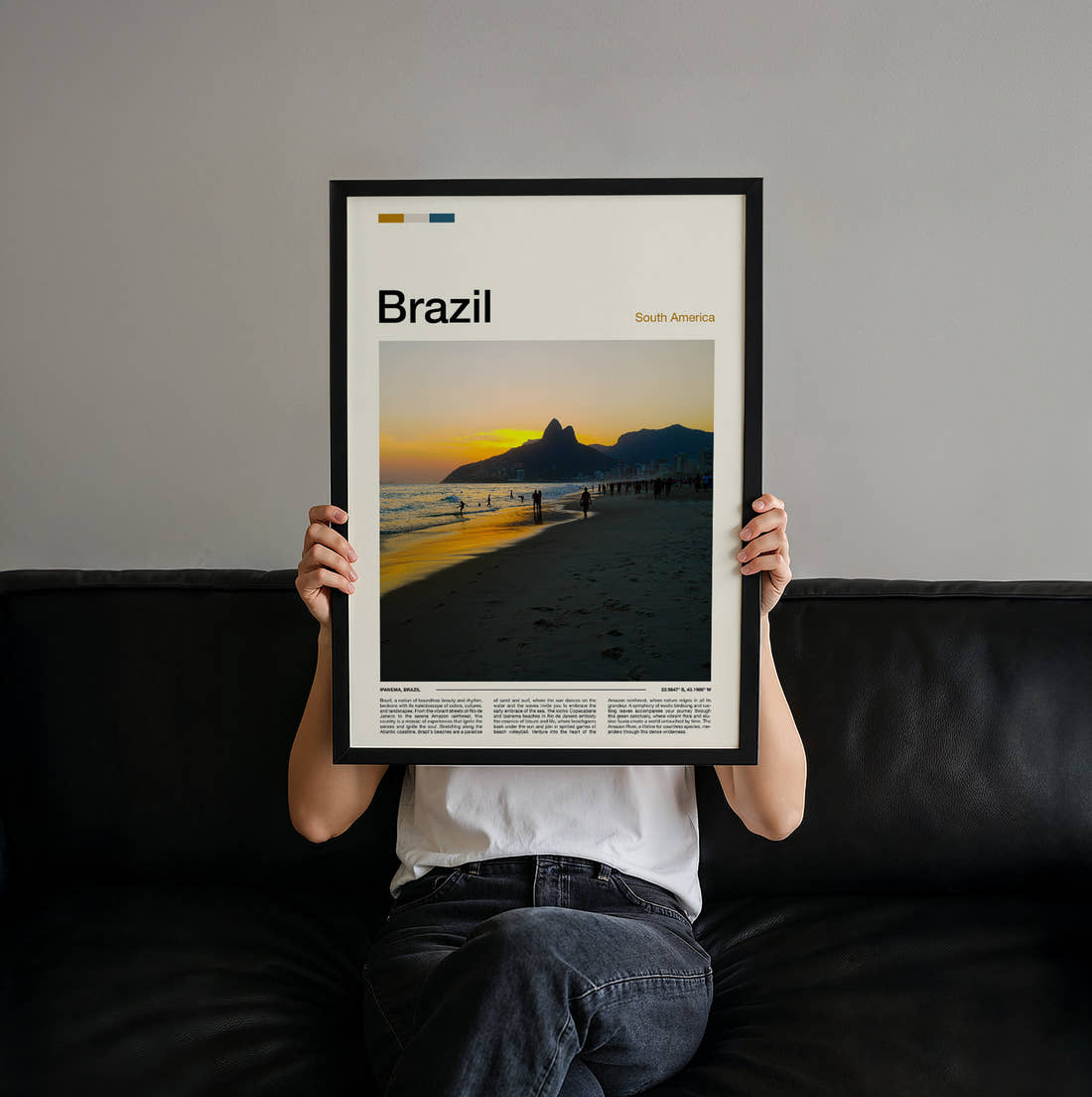 Brazil Ipanema Beach At Sunset Travel Print held up by hand to show the size of the print