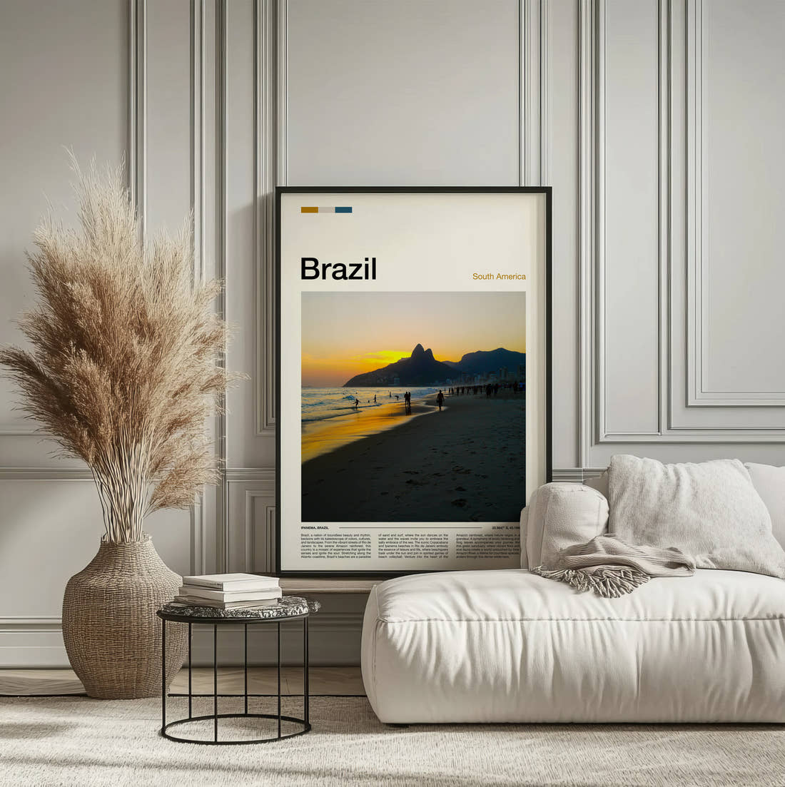 Brazil Ipanema Beach At Sunset Travel Print framed on the wall of a calm, neutral bedroom