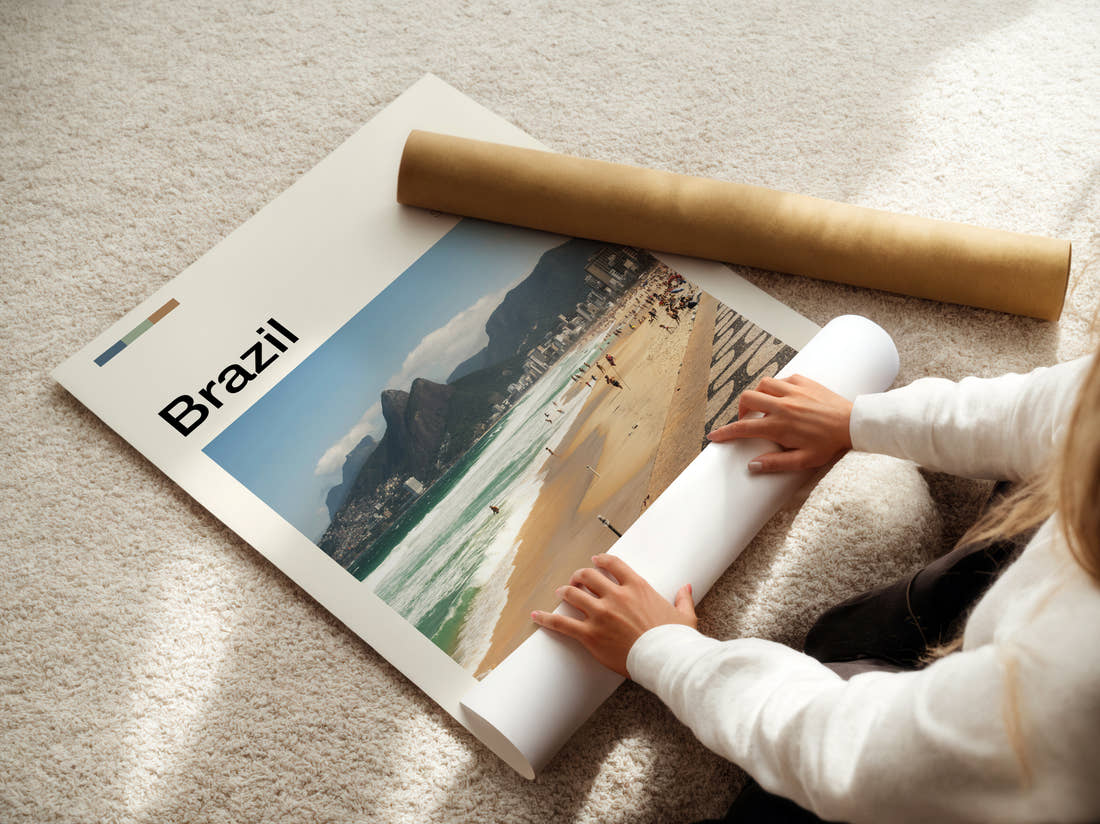 Brazil Ipanema Beach Travel Print being unrolled from its postal tube