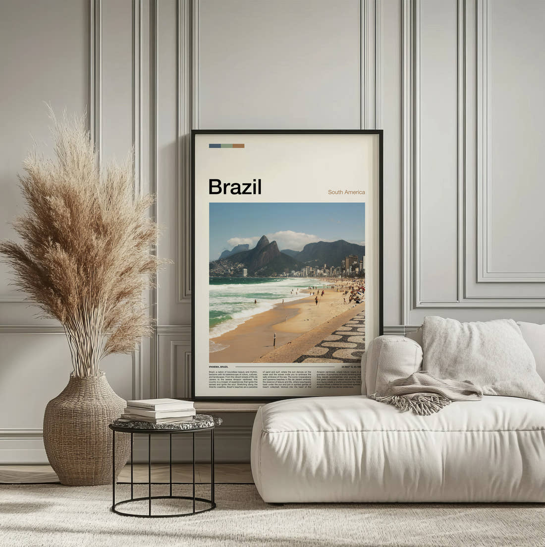 Brazil Ipanema Beach Travel Print framed on the wall of a calm, neutral bedroom