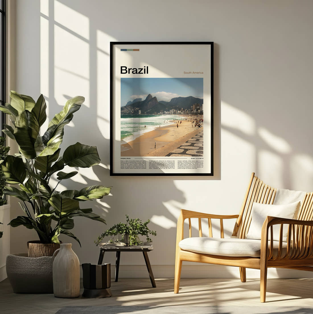 Brazil Ipanema Beach Travel Print framed on a pale wall beside houseplants