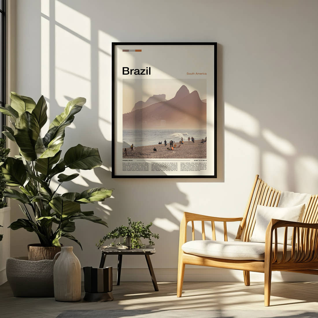 Brazil Two Brothers Mountain Travel Print framed on a pale wall beside houseplants
