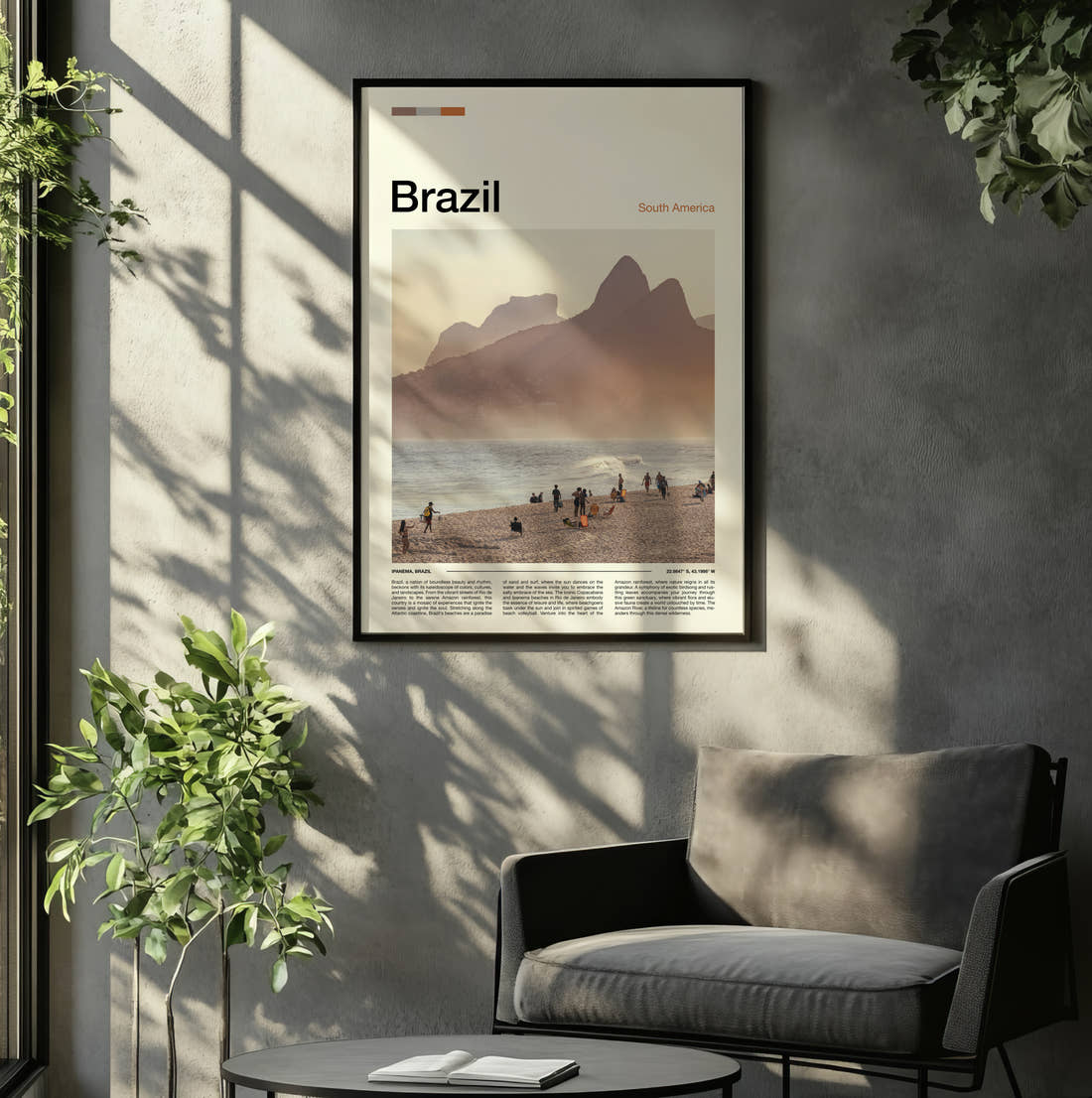 Brazil Two Brothers Mountain Travel Print framed on the wall of a relaxed living room