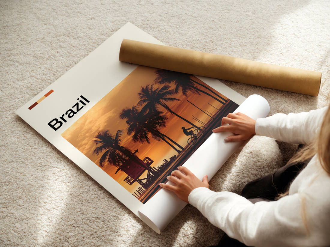 Brazil Palm Trees At Sunset Travel Print being unrolled from its postal tube