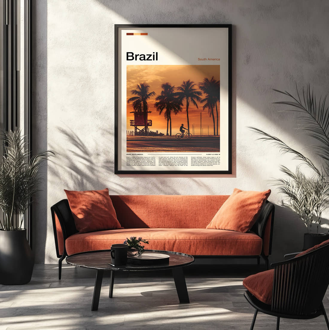 Brazil Palm Trees At Sunset Travel Print framed on the wall of a modern living room