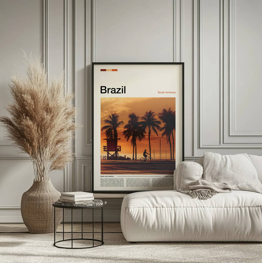 Brazil Palm Trees At Sunset Travel Print framed on the wall of a calm, neutral bedroom
