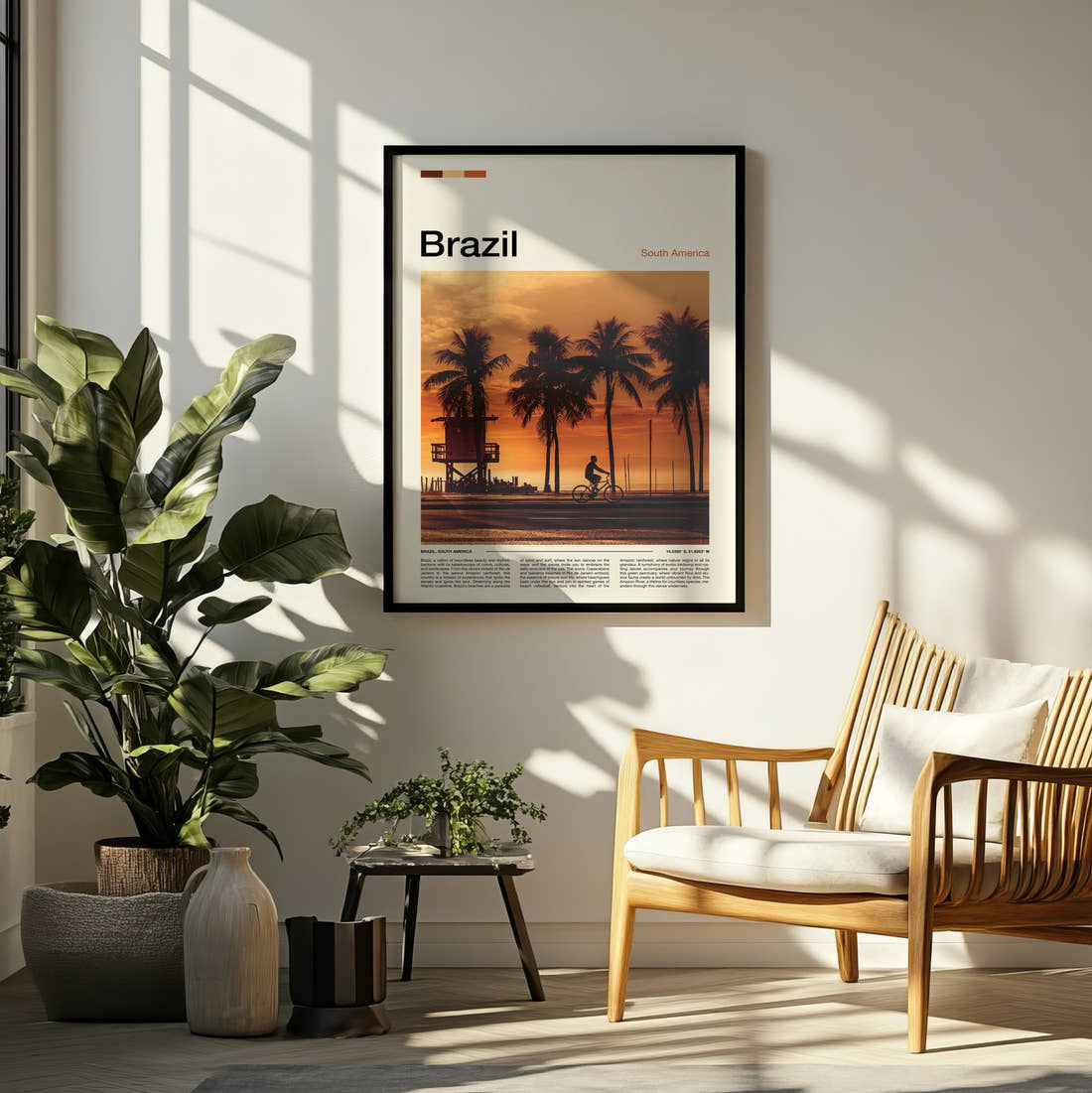 Brazil Palm Trees At Sunset Travel Print framed on a pale wall beside houseplants