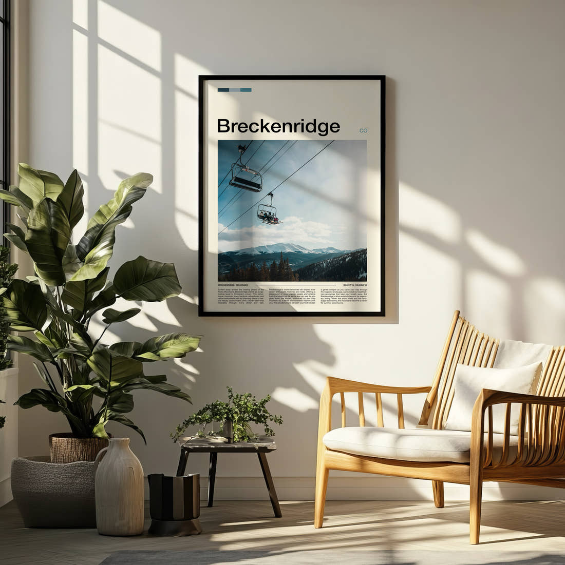 Breckenridge Ski Chairlift Travel Print framed on a pale wall beside houseplants