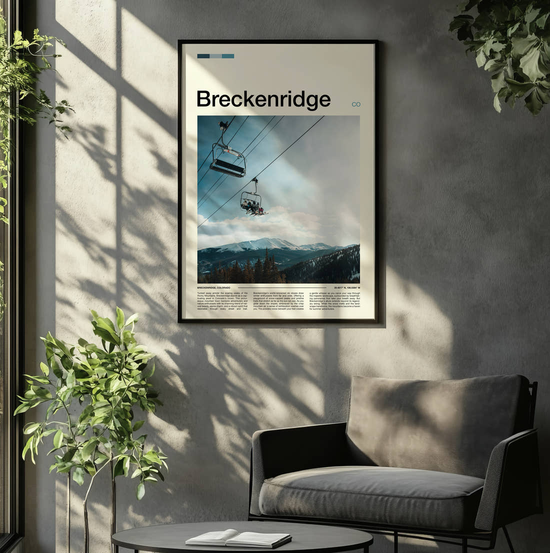 Breckenridge Ski Chairlift Travel Print framed on the wall of a relaxed living room