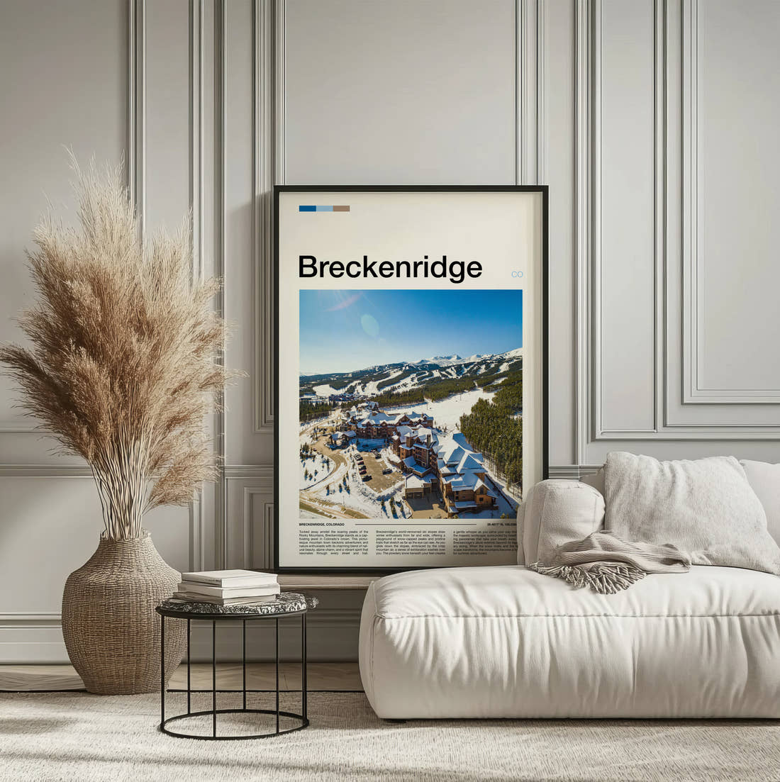 Breckenridge Snowy Resort Village Travel Print framed on the wall of a calm, neutral bedroom