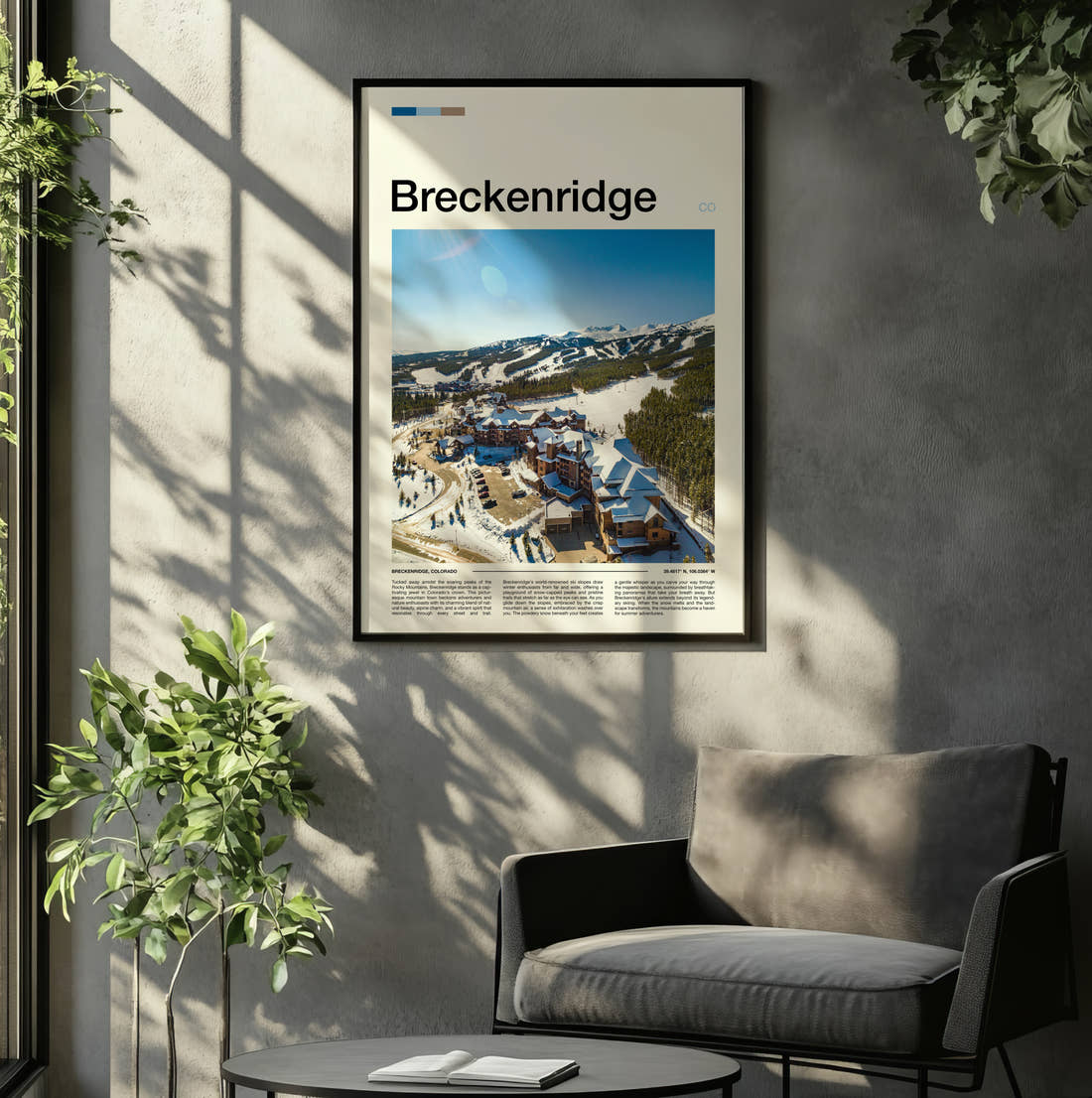 Breckenridge Snowy Resort Village Travel Print framed on the wall of a relaxed living room