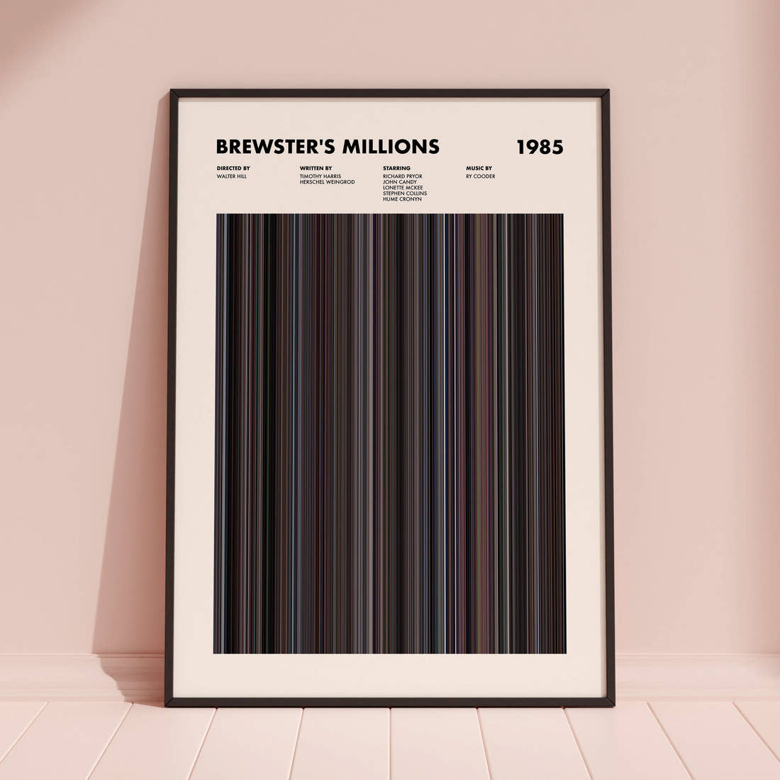 Brewster's Millions Movie Barcode Poster framed and leaning against a coloured wall