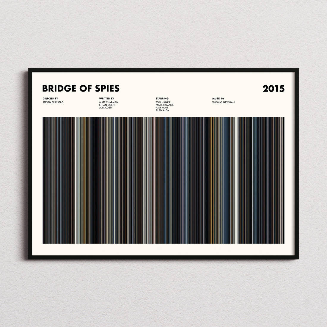 Bridge of Spies Movie Barcode Poster framed and photographed straight on