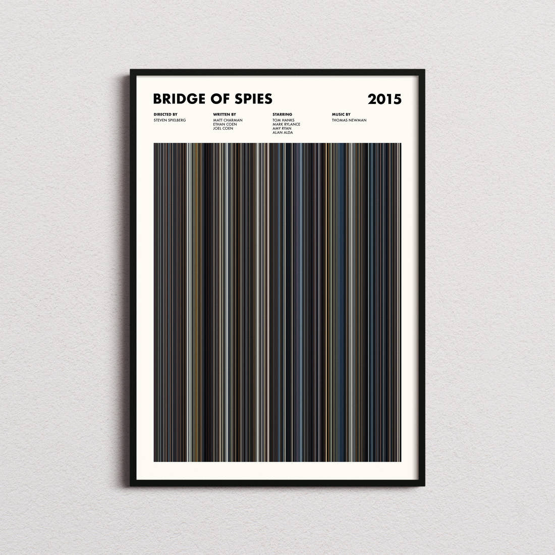 Bridge of Spies Movie Barcode Poster framed on a plain studio wall