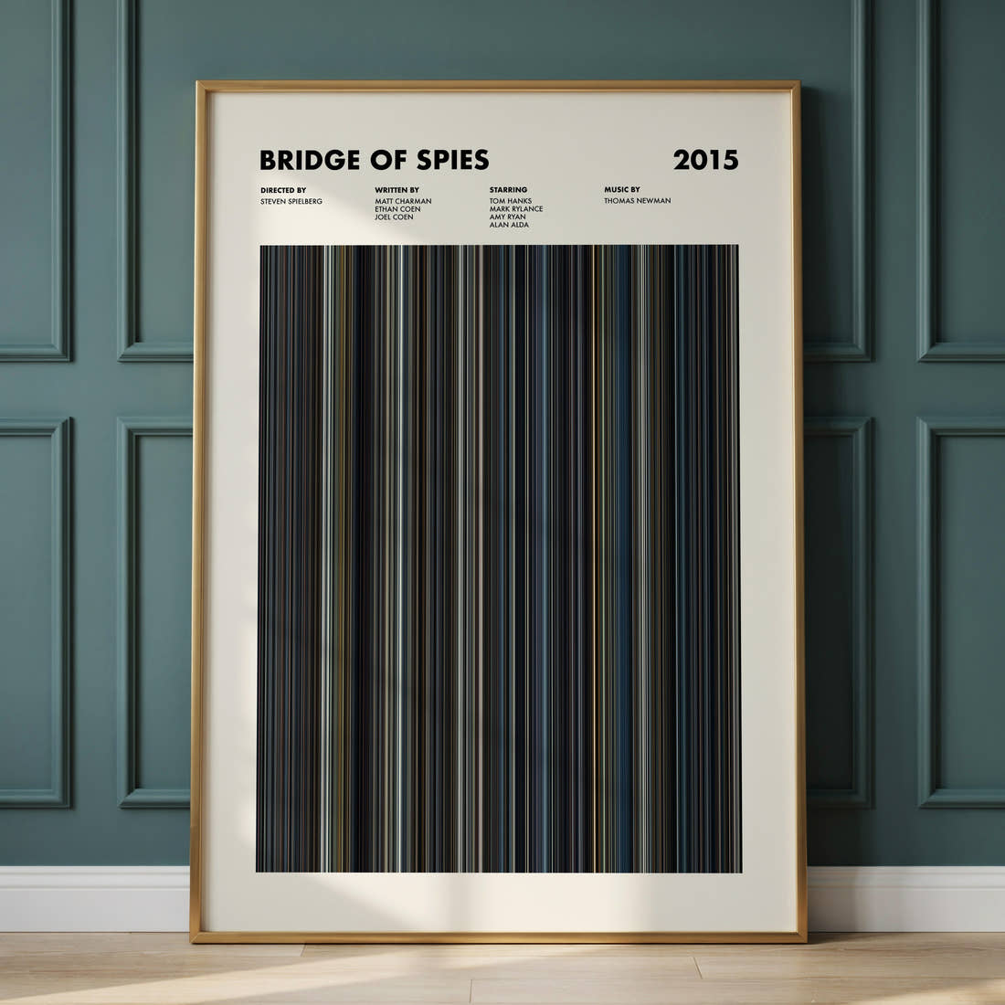 Bridge of Spies Movie Barcode Poster framed and leaning against a panelled wall
