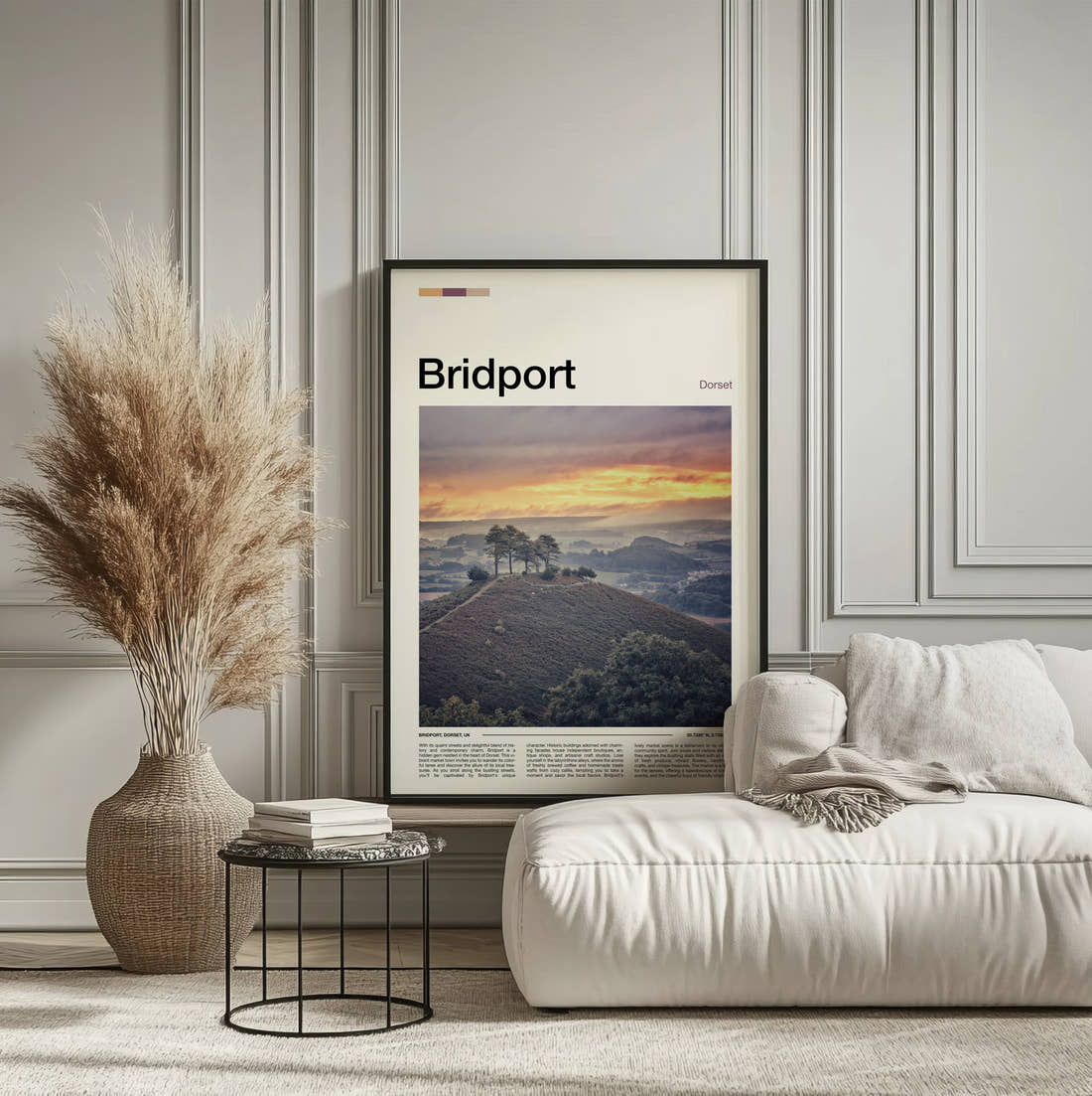 Bridport Colmer's Hill Travel Print framed on the wall of a calm, neutral bedroom