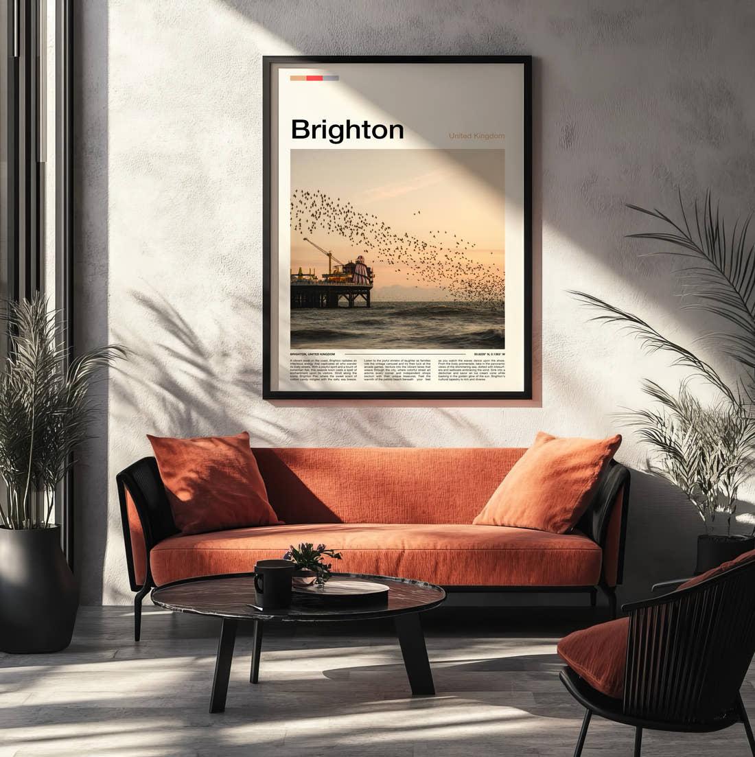 Brighton Starling Murmuration Travel Print framed on the wall of a modern living room