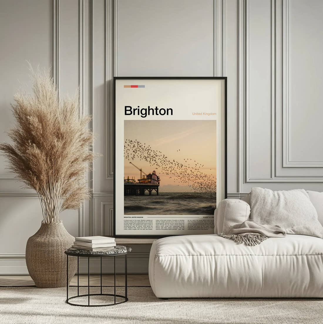 Brighton Starling Murmuration Travel Print framed on the wall of a calm, neutral bedroom