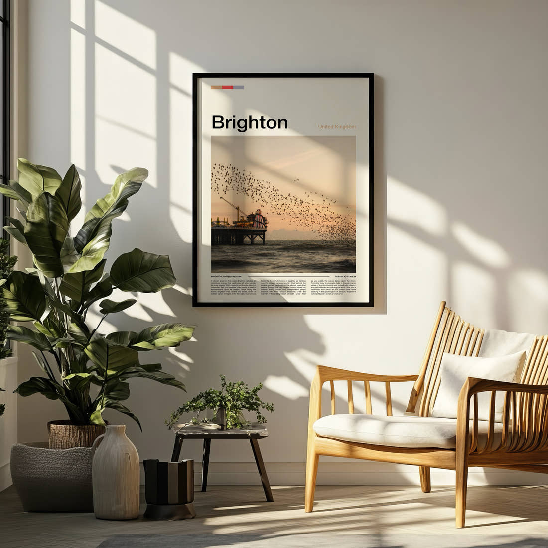 Brighton Starling Murmuration Travel Print framed on a pale wall beside houseplants