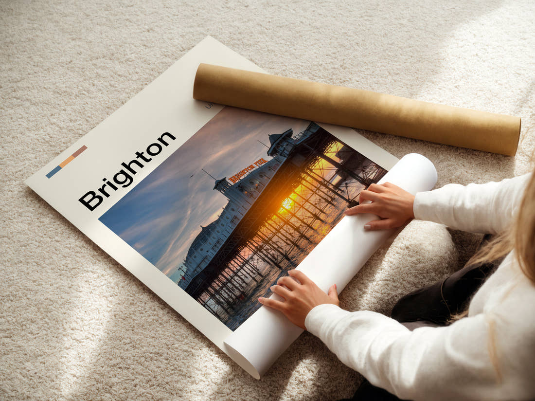 Brighton Palace Pier At Sunset Travel Print being unrolled from its postal tube