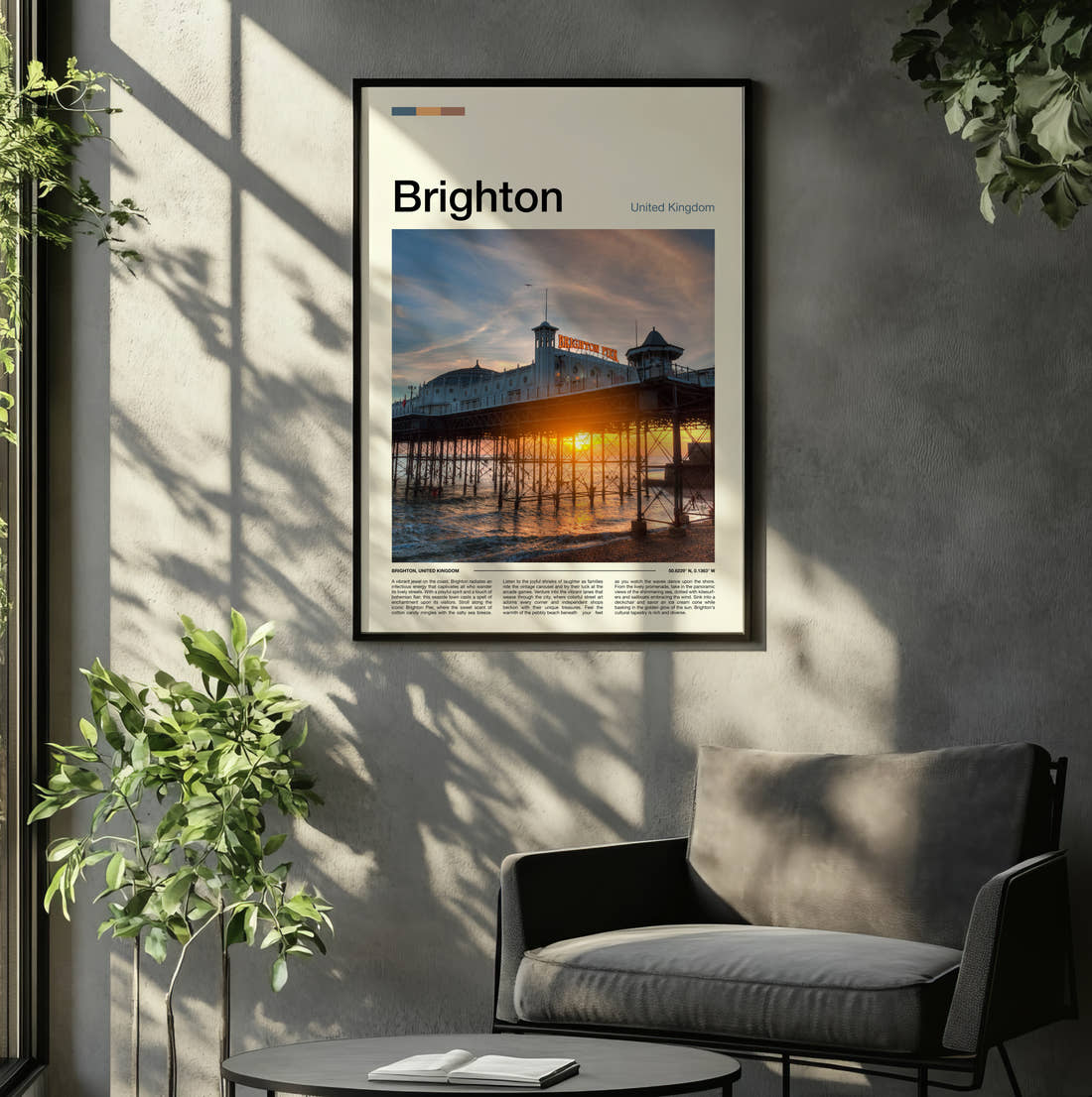 Brighton Palace Pier At Sunset Travel Print framed on the wall of a relaxed living room