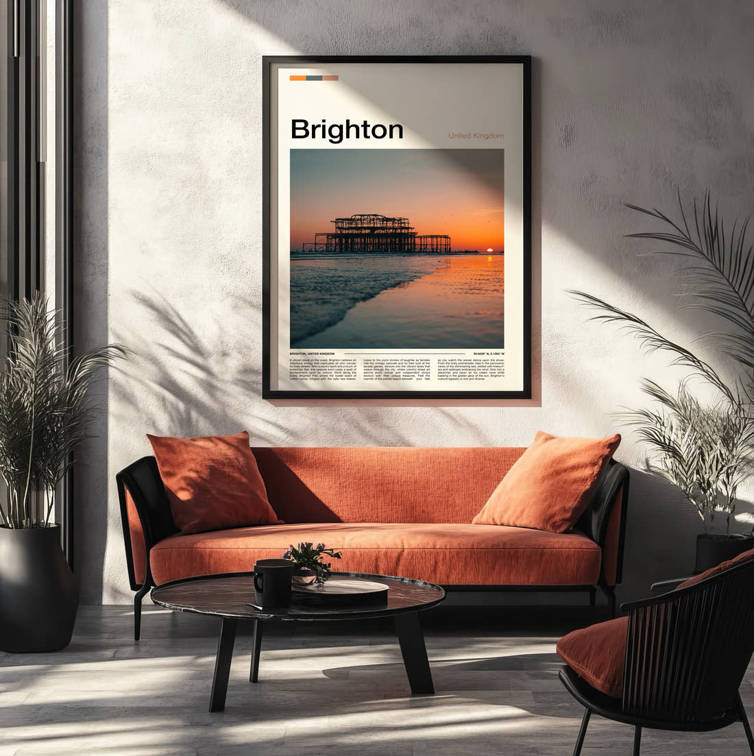 Brighton West Pier Ruins Travel Print framed on the wall of a modern living room