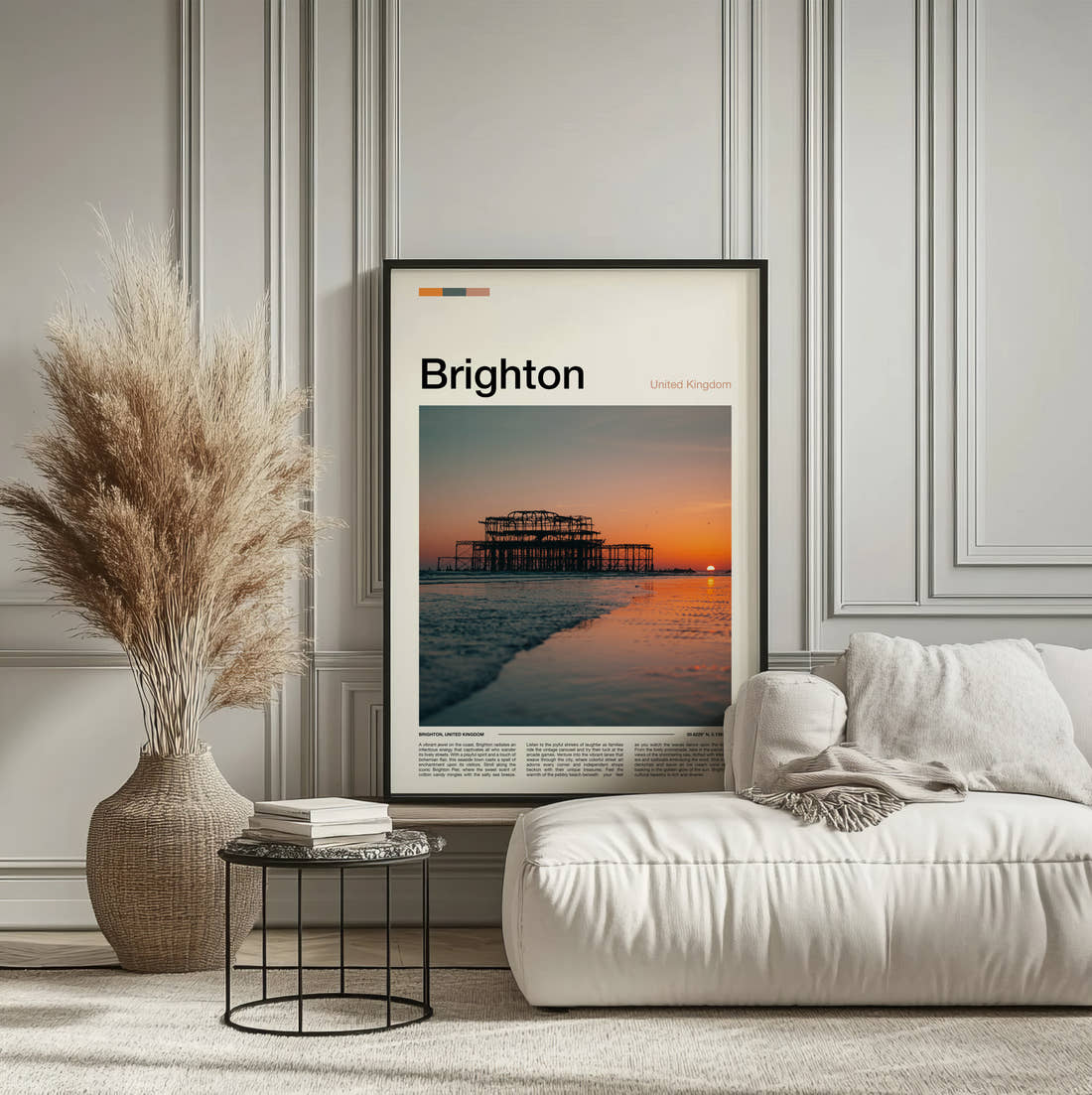 Brighton West Pier Ruins Travel Print framed on the wall of a calm, neutral bedroom