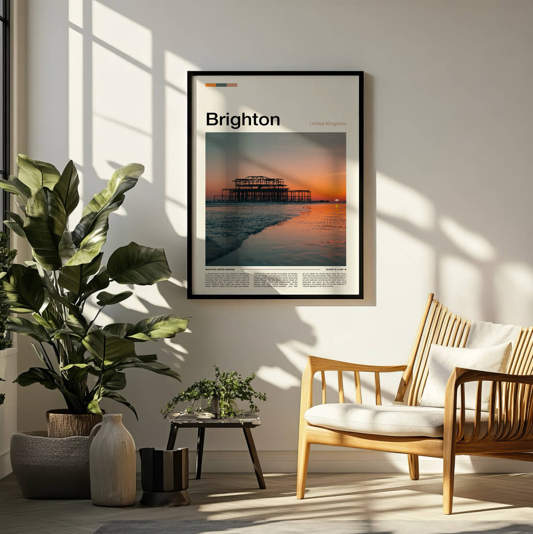 Brighton West Pier Ruins Travel Print framed on a pale wall beside houseplants