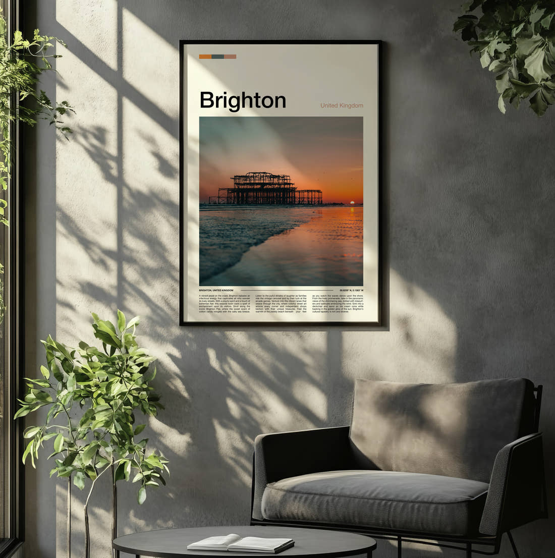 Brighton West Pier Ruins Travel Print framed on the wall of a relaxed living room