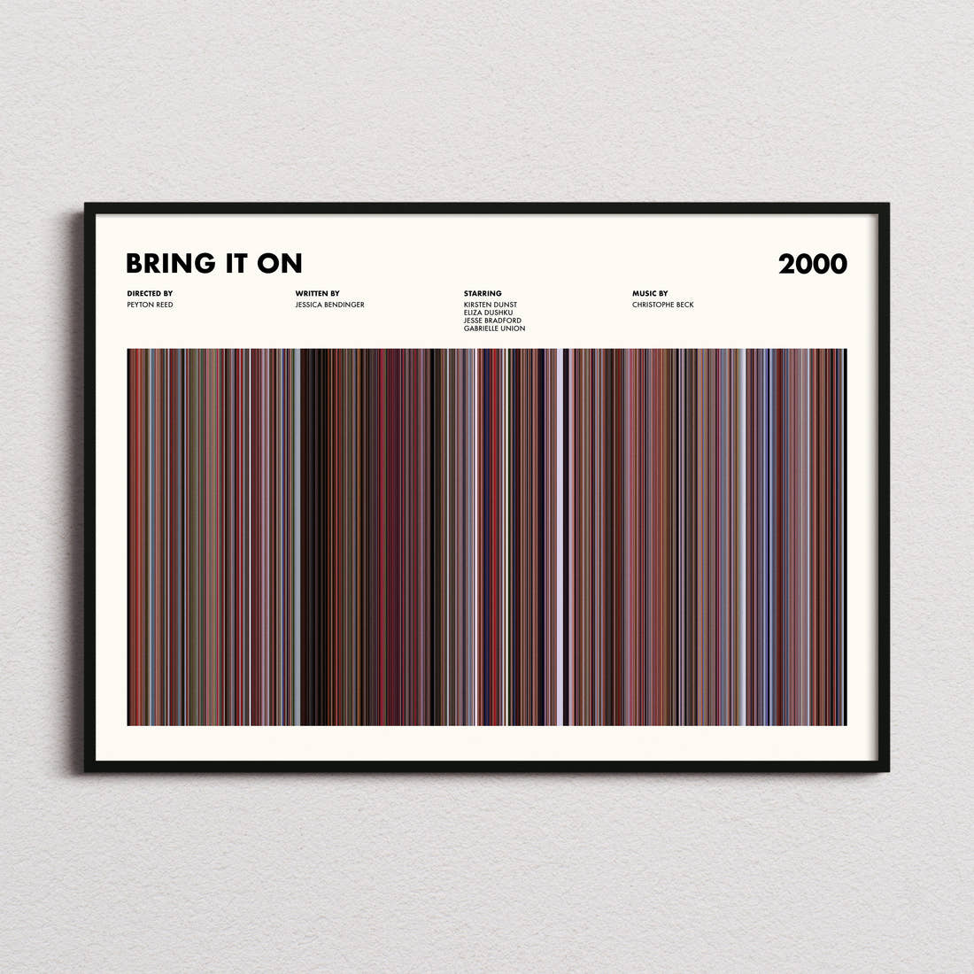 Bring It On Movie Barcode Poster framed and photographed straight on