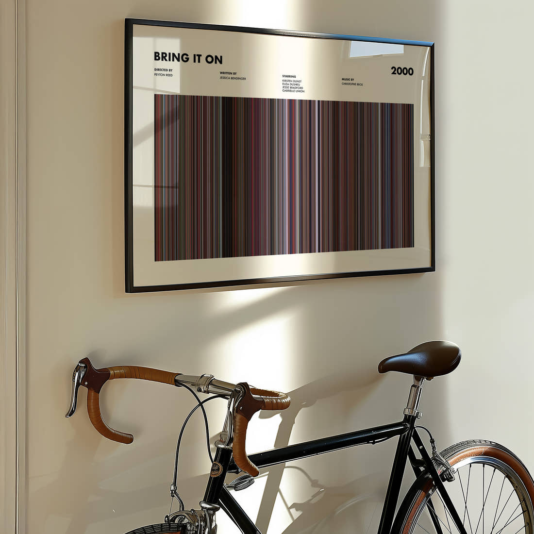 Bring It On Movie Barcode Poster framed on the wall of a styled room setting