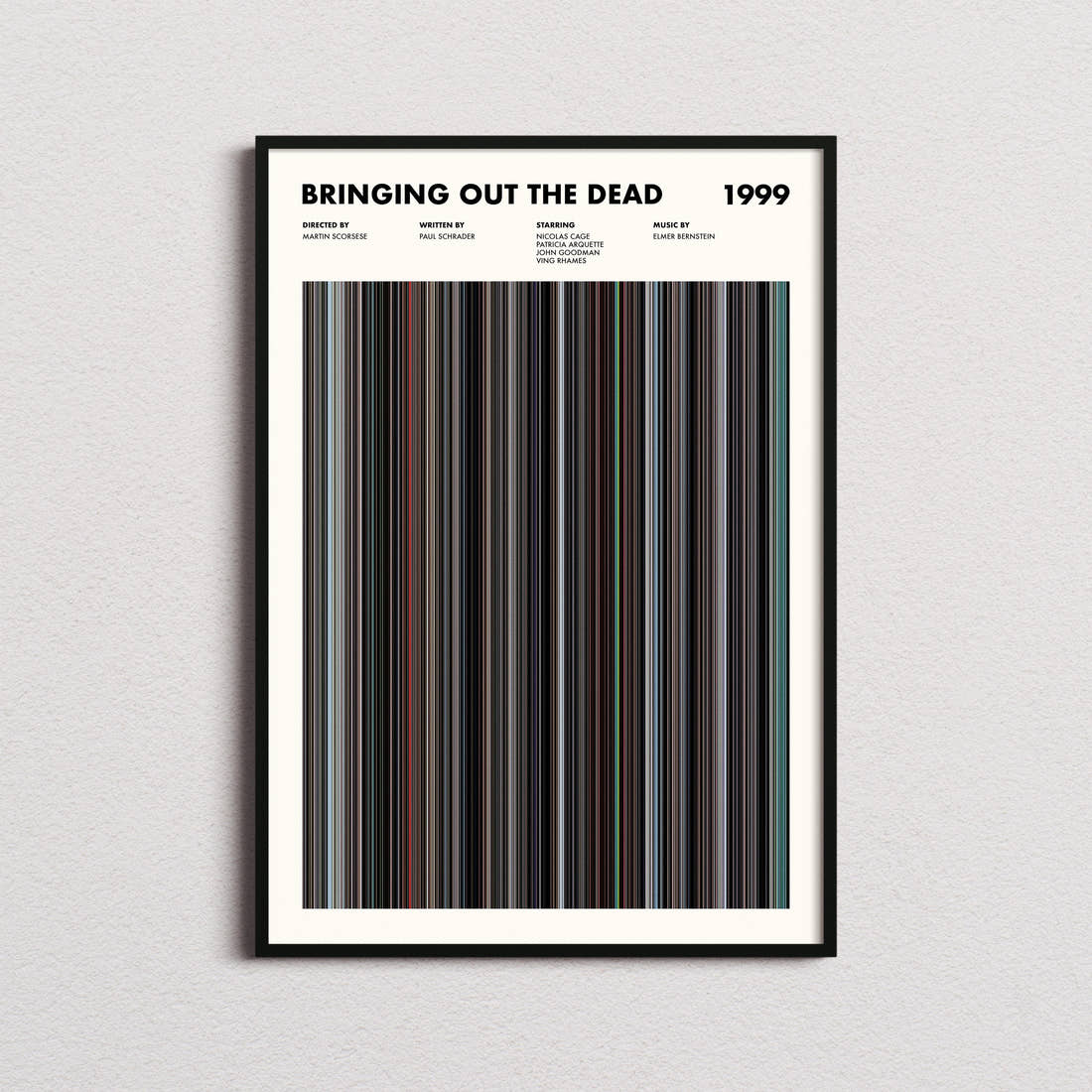 Bringing Out the Dead Movie Barcode Poster framed on a plain studio wall