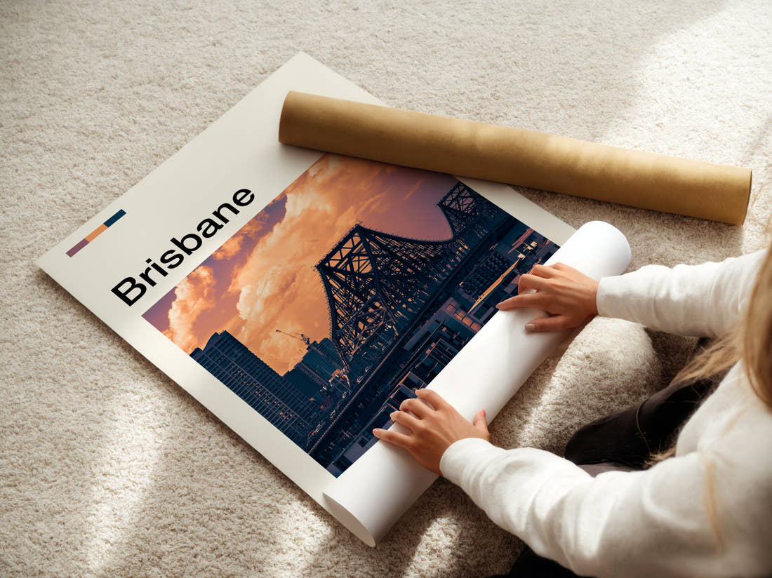Brisbane Story Bridge Travel Print being unrolled from its postal tube